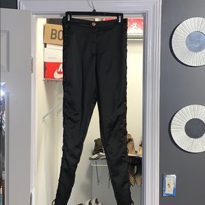 Silk skinny pants with ties up the leg